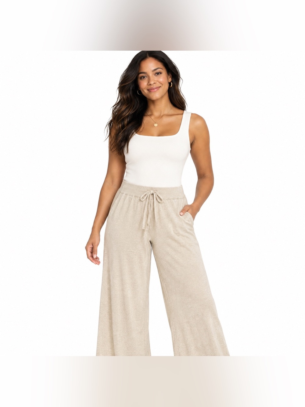Vince Camuto Beige Wide Leg Pull On Pants Size M Drawstring Waist